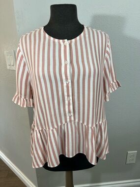 Madewell Pink & White Striped Ruffle-Hem Button Blouse